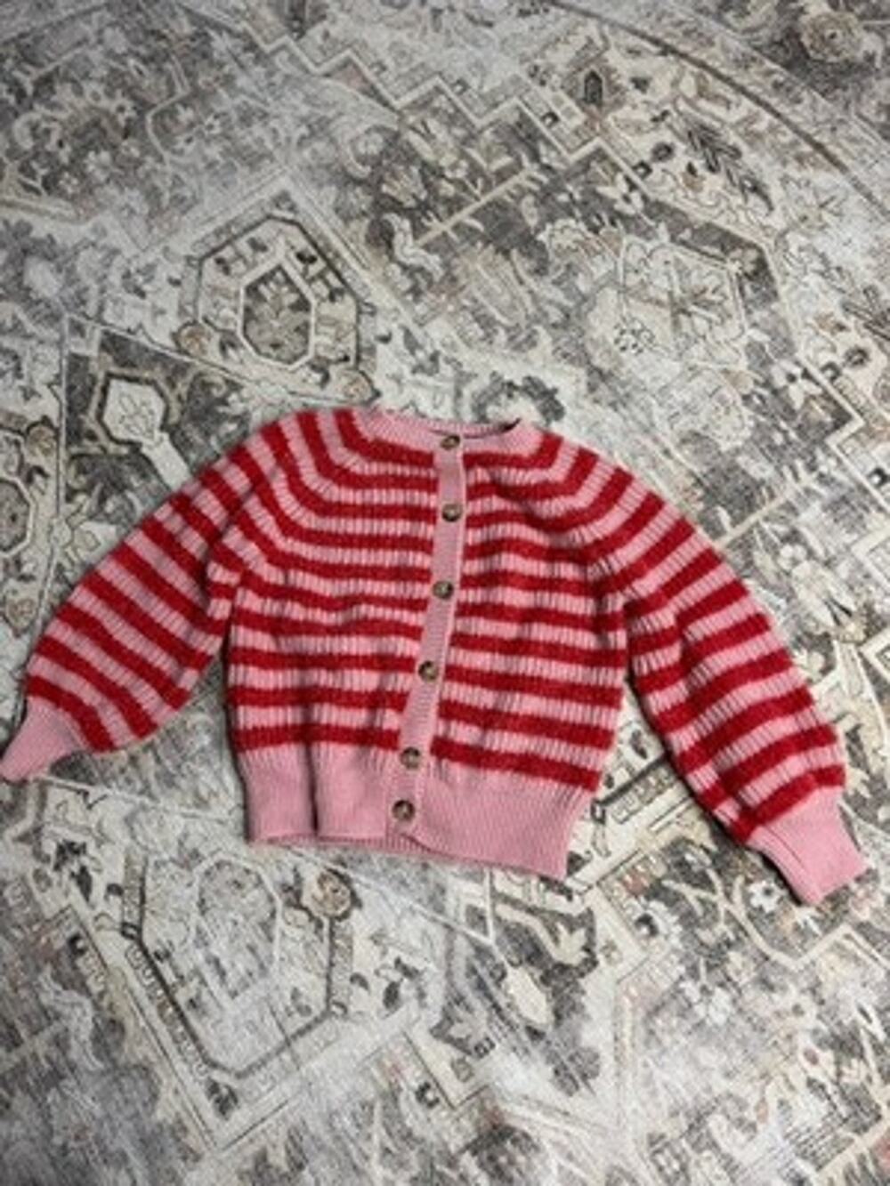 Mini Boden Striped Fuzzy Sparkle Edie Cotton Blend Cardigan Balloon Sleeve 5/6
